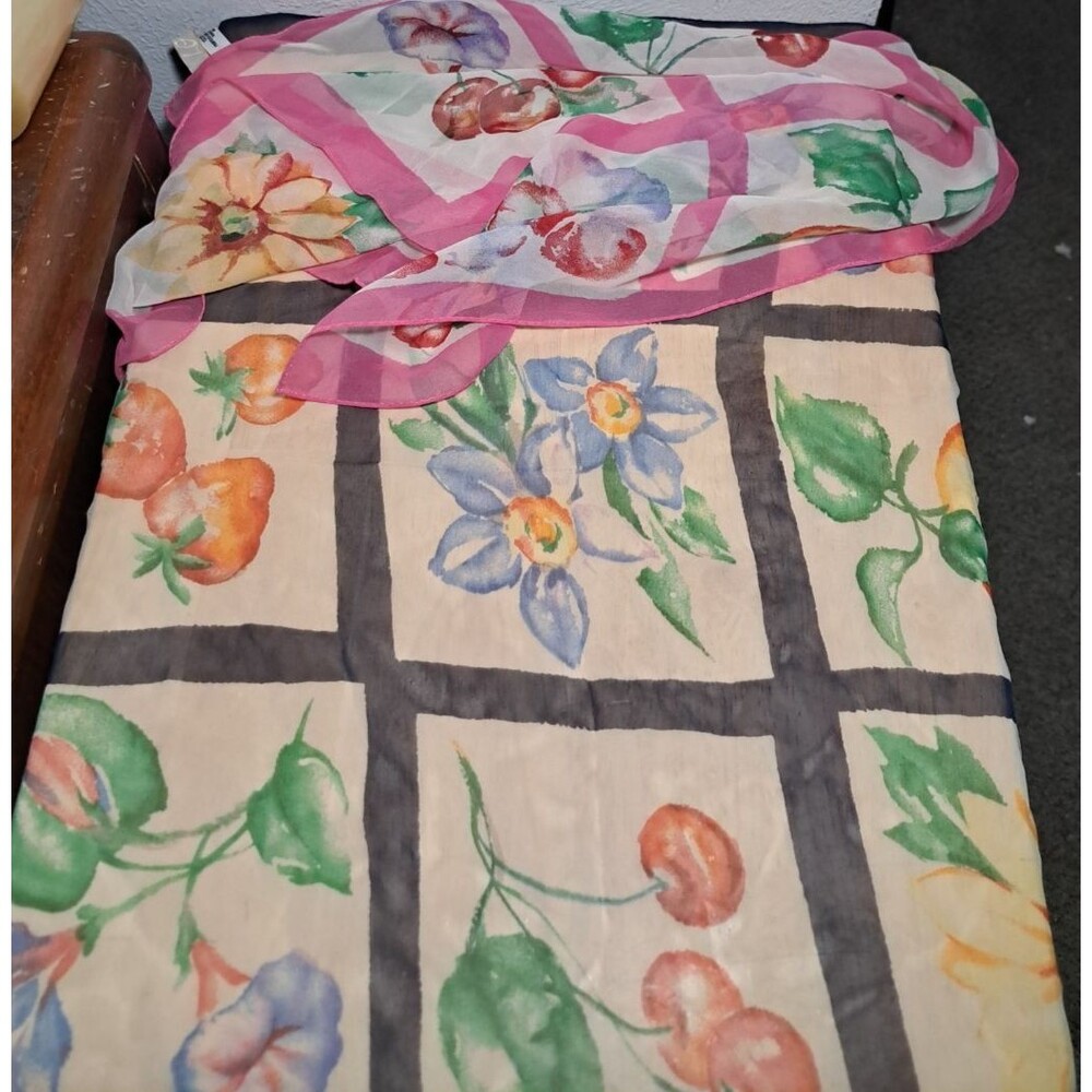 2 Vintage LG Silk Scarf Made in Japan Floral Fruit Patchwork Blue/Pink 22"
